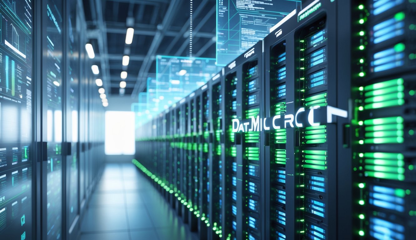 A modern data center with rows of illuminated server racks and floating holographic data projections.