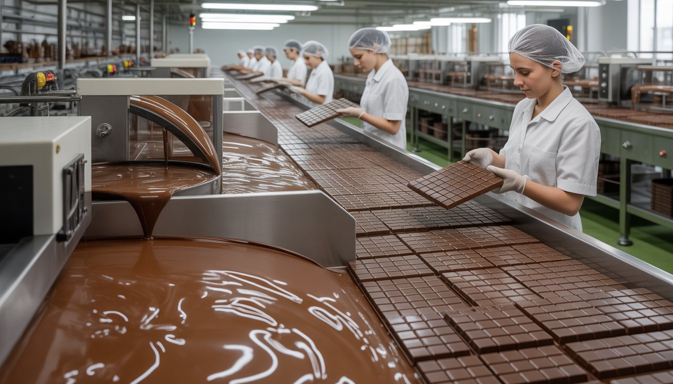 Interior of a chocolate factory with workers inspecting chocolate on conveyor belts and industrial machines producing chocolate products.