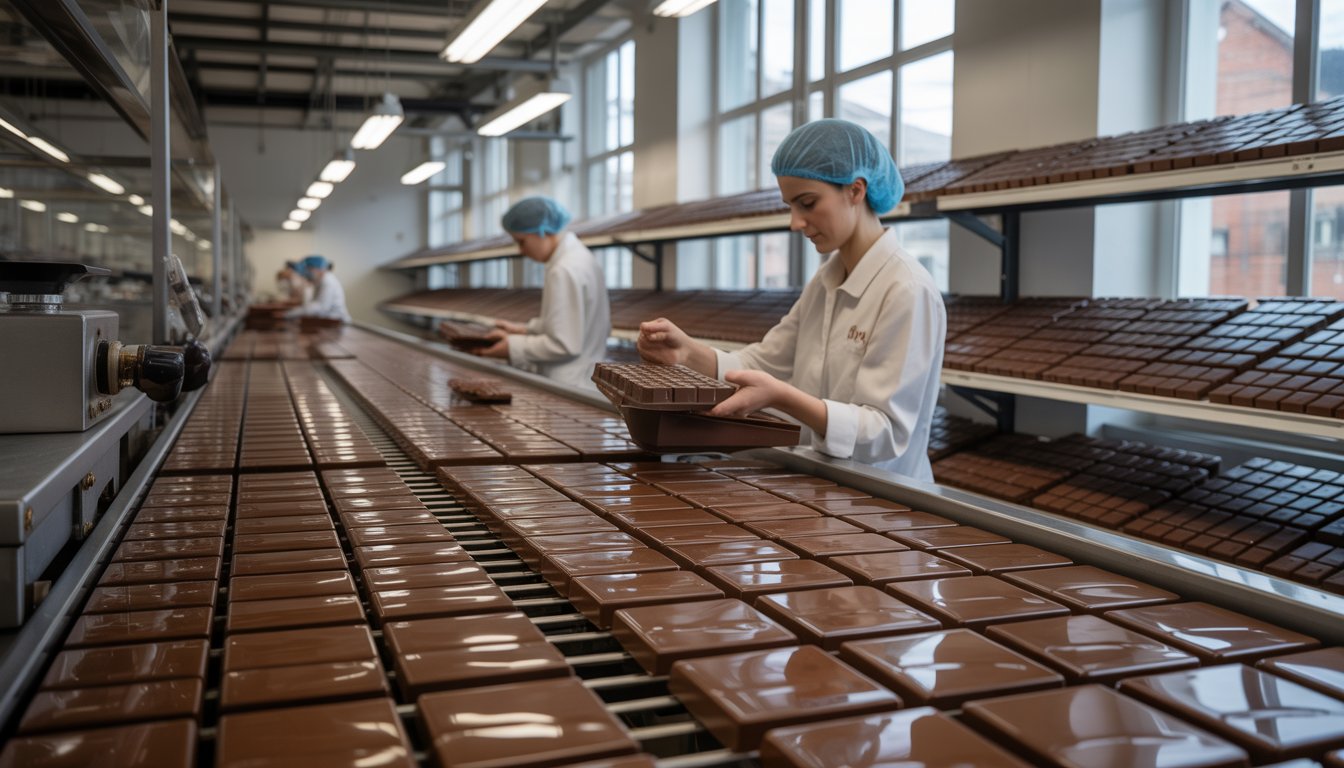 Interior of a chocolate factory with machines, workers, and shelves of chocolate products.