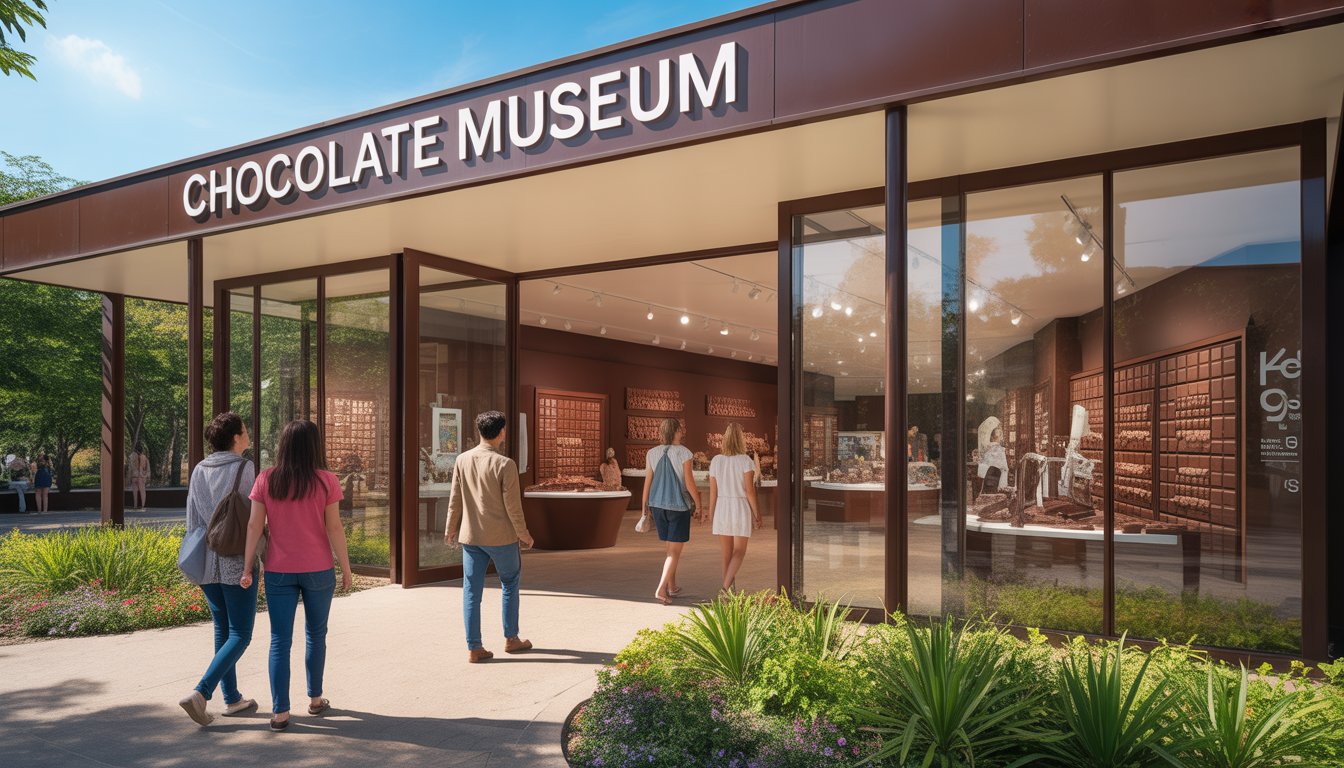 The exterior of a modern chocolate museum with visitors entering and interactive exhibits visible through large windows on a sunny day.