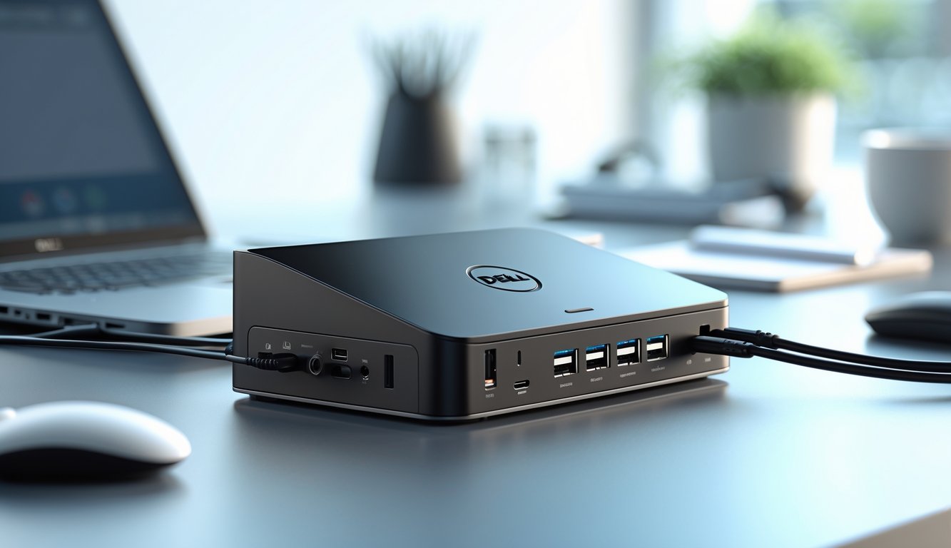 Dell docking station connected to a laptop on an office desk with cables plugged in and office accessories nearby.