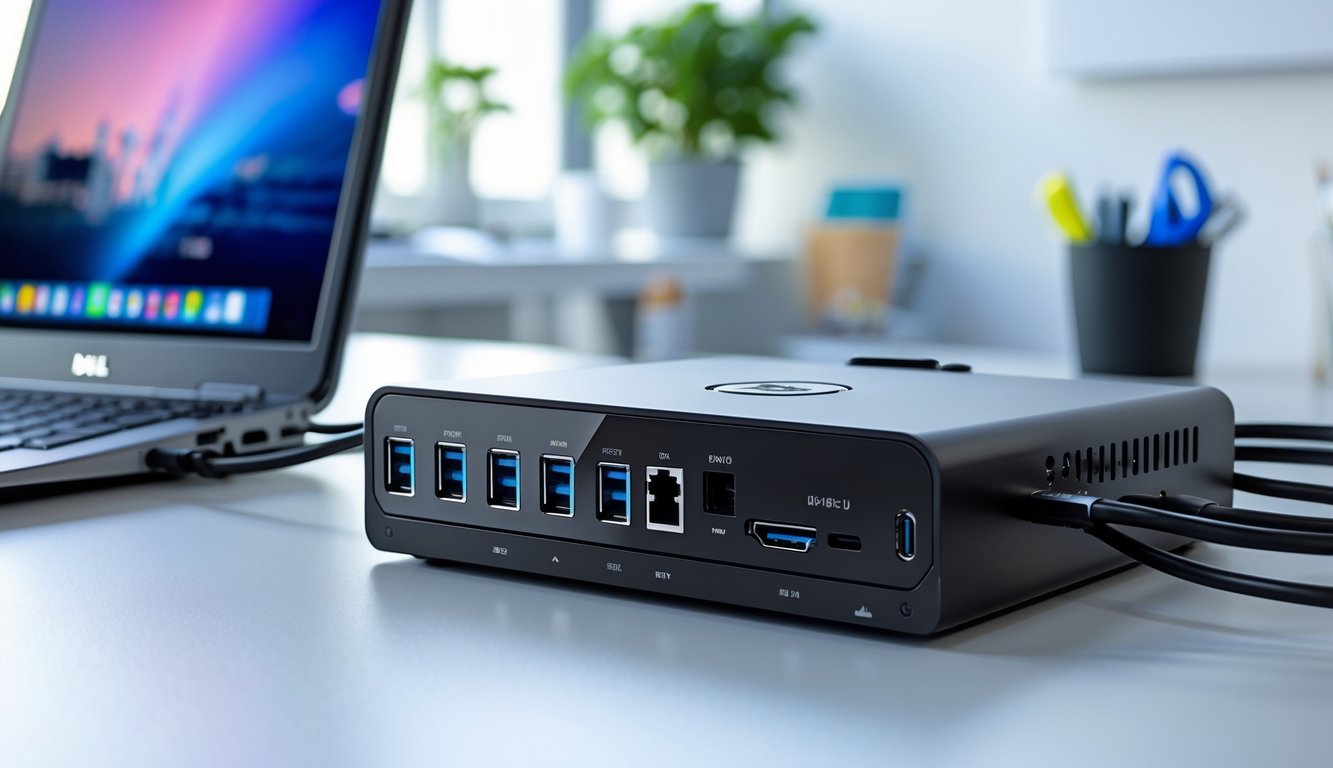 A Dell docking station connected to a laptop on a modern office desk with cables and office items in the background.