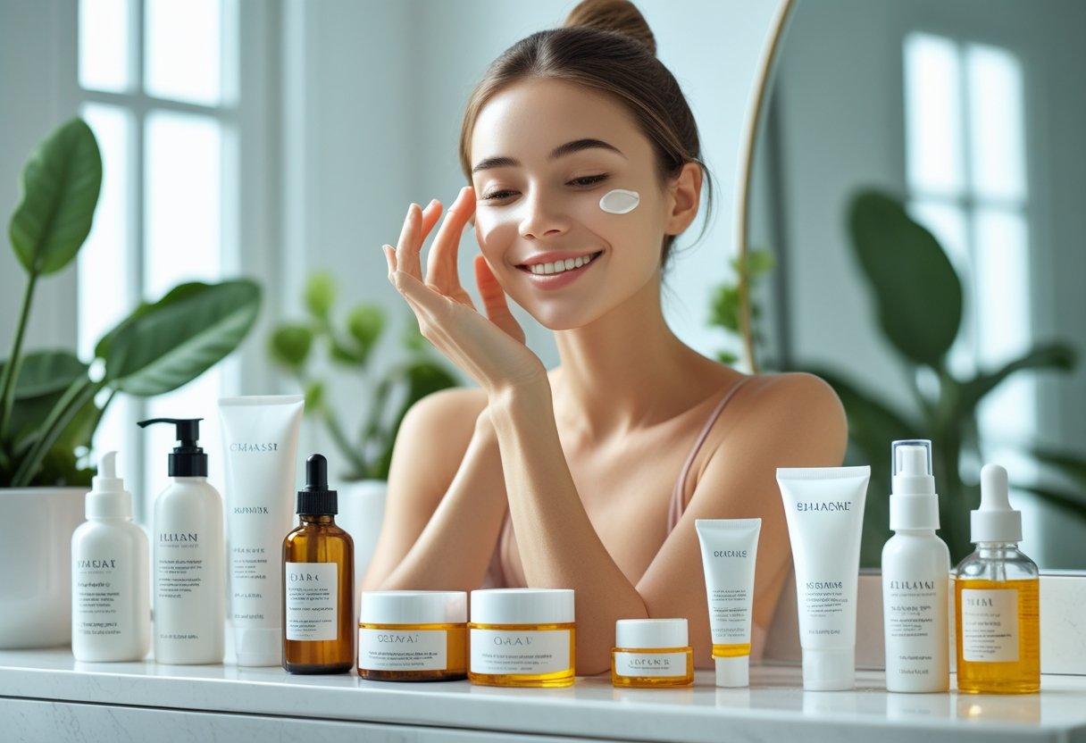A young woman applying moisturizer to her face at a bathroom countertop with various skincare products arranged nearby.