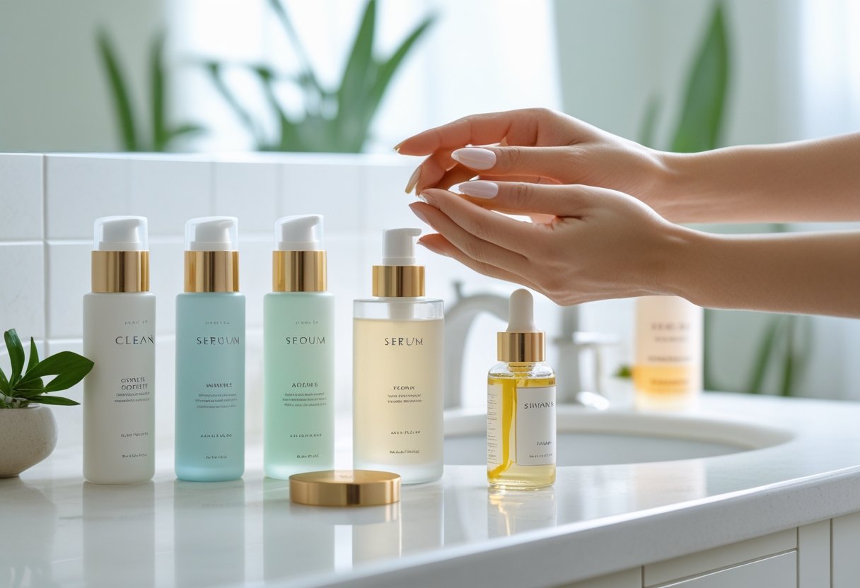 Hands applying serum to a person's face next to neatly arranged skincare products on a bathroom countertop.