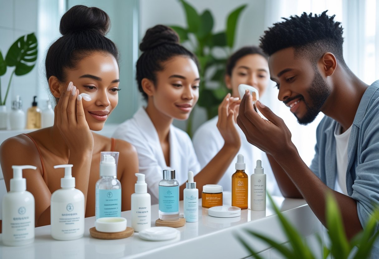A group of young adults applying skincare products in a bright bathroom with various bottles and plants on the counter.