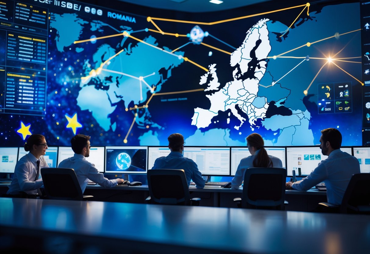 Scientists and engineers working together in a space mission control room with a digital map highlighting Romania and Europe.