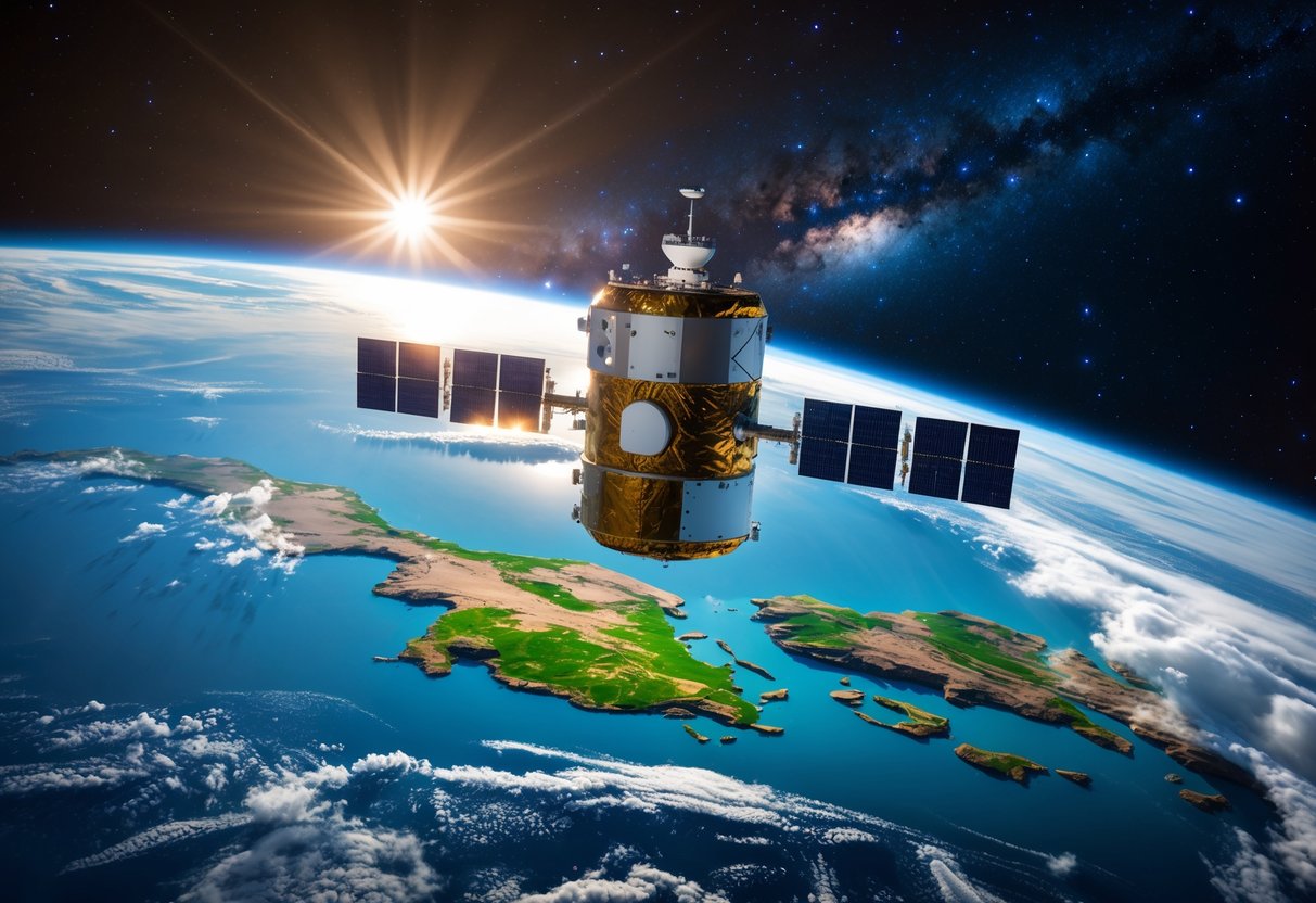 A satellite orbiting Earth with a clear view of Romania's land below, set against a backdrop of stars and space.