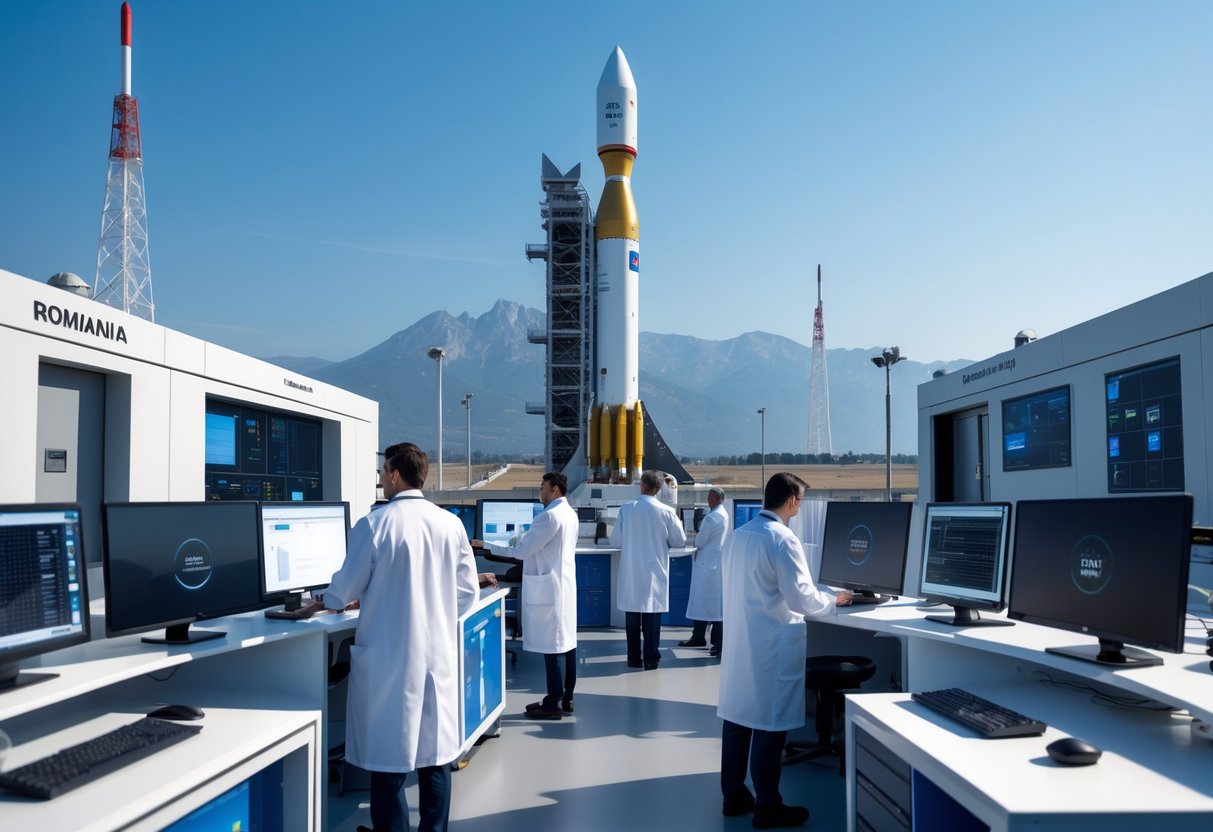 Engineers working at a Romanian aerospace facility with a rocket on a launch pad and satellite equipment under a clear sky.
