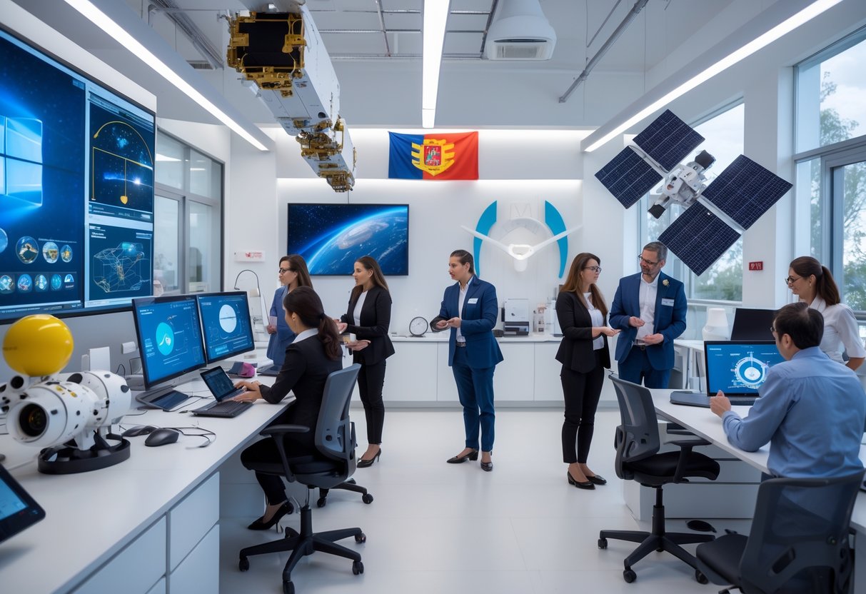 A group of scientists and educators working together in a high-tech research lab with space equipment and Romanian cultural elements.