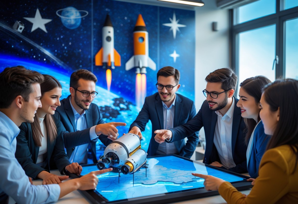 A group of young professionals working together around a digital screen showing a spacecraft and a map of Romania in a modern office.