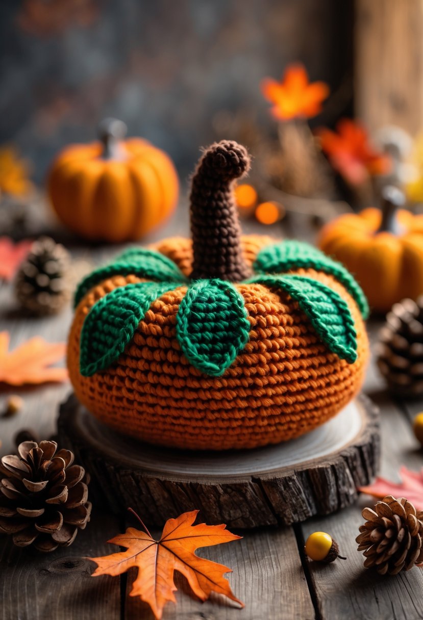 A crocheted pumpkin amigurumi on a wooden table surrounded by autumn leaves and pine cones.