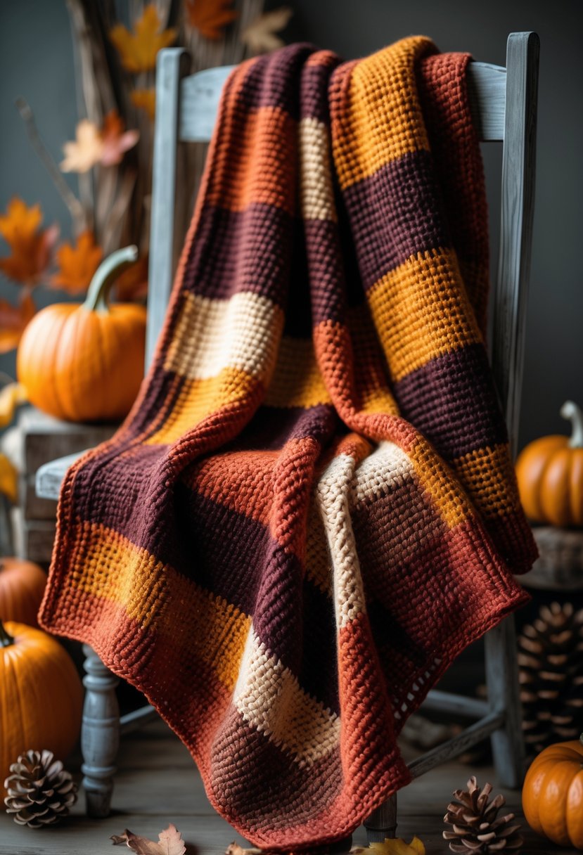 A plaid crocheted blanket in fall colors draped over a wooden chair surrounded by autumn decorations.