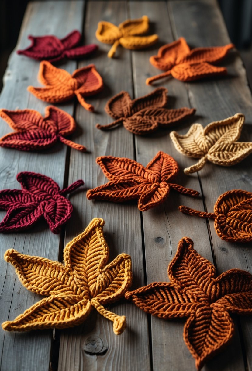 A collection of colorful crocheted leaf appliqués in autumn colors arranged on a wooden surface.