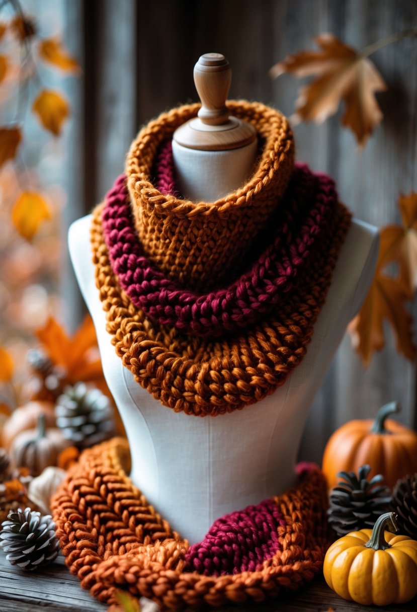 A chunky knit cowl scarf in warm fall colors displayed with autumn leaves and small pumpkins on a wooden surface.