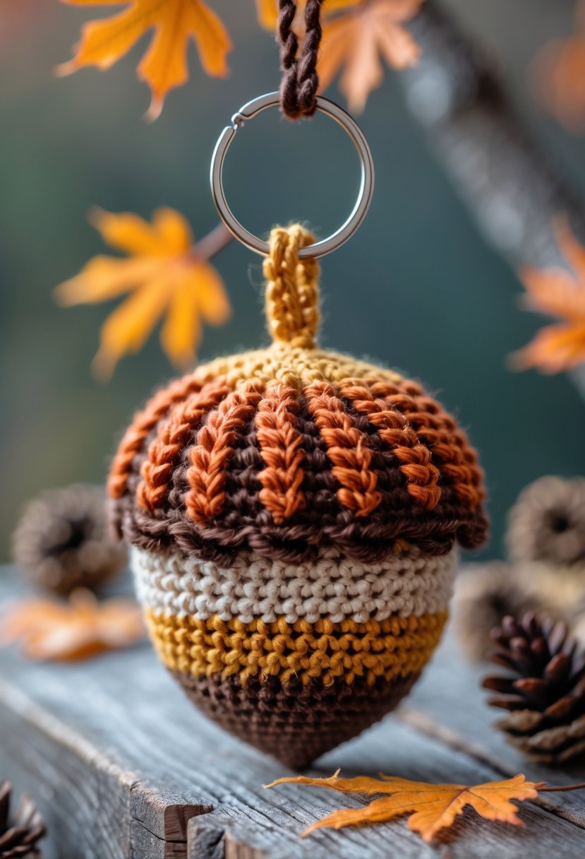 Close-up of a handmade acorn crochet keychain in autumn colors resting on a wooden surface with fall leaves around it.