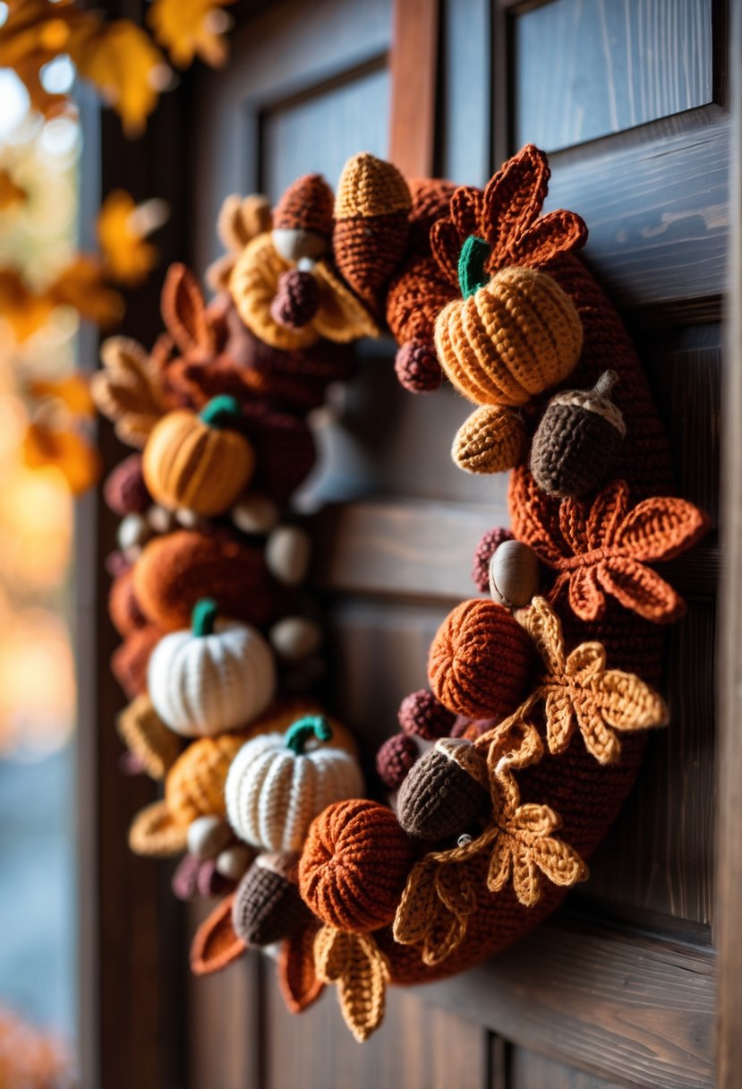 A fall harvest wreath with crochet leaves, pumpkins, and berries hanging on a wooden door.