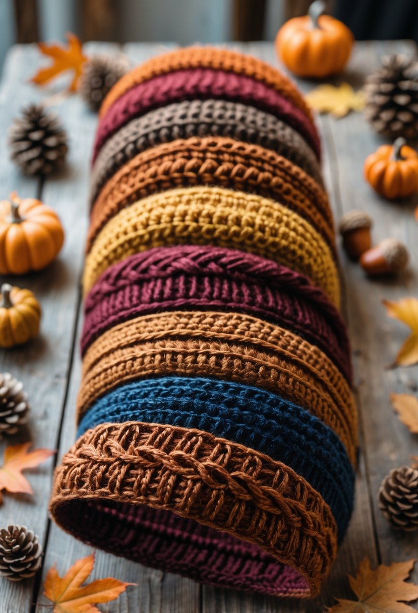 A collection of sixteen colorful crochet ear warmer headbands arranged on a wooden table with autumn leaves and small pumpkins around them.