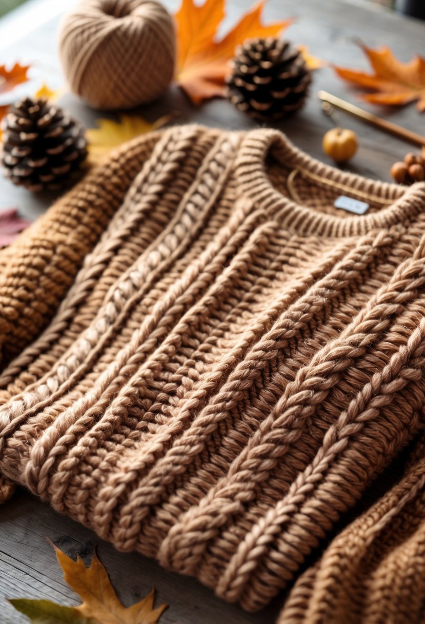 Close-up of a cable stitch sweater with autumn leaves and crochet materials on a wooden surface.