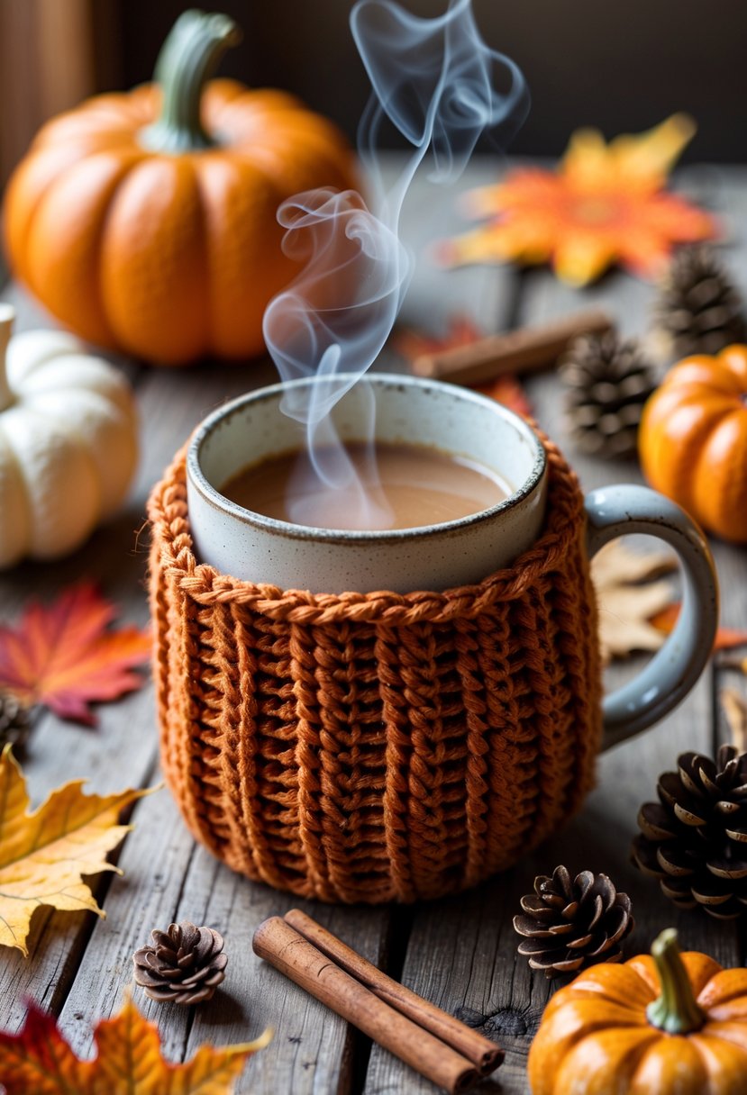 A mug wrapped in a pumpkin spice colored crochet cozy surrounded by autumn leaves, small pumpkins, cinnamon sticks, and pinecones on a wooden table.