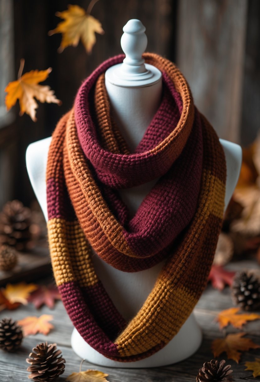 A plaid infinity scarf in warm fall colors displayed with autumn leaves and pine cones on a wooden surface.