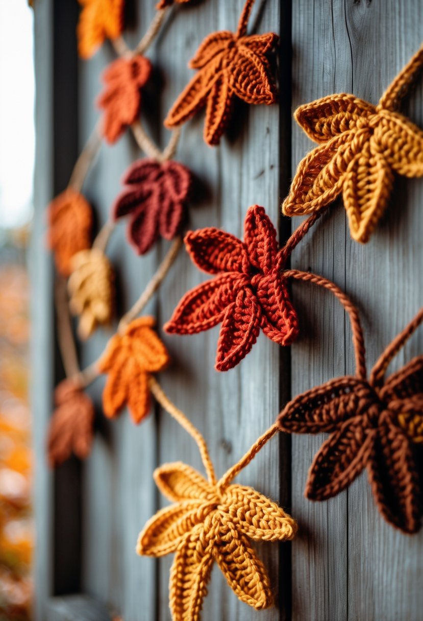 A colorful crochet autumn leaf garland displayed on a rustic wooden surface.