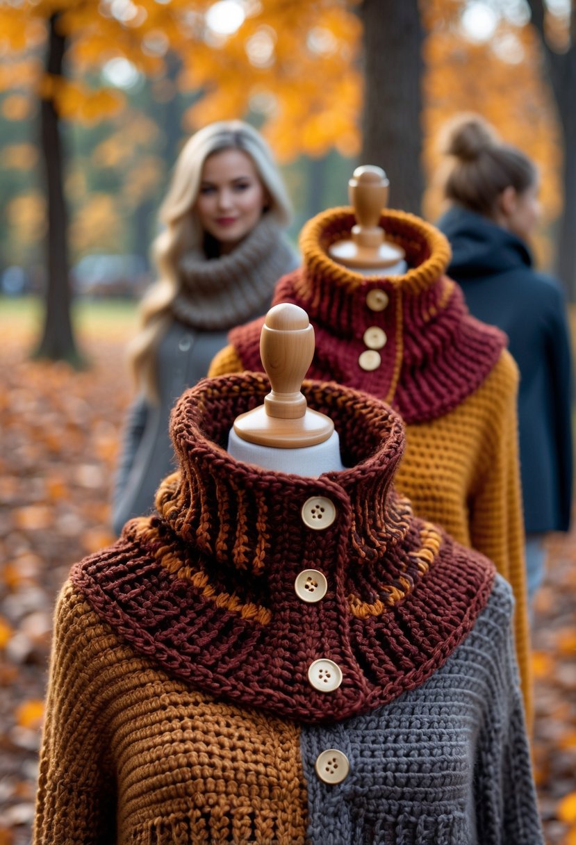 Models wearing buttoned crochet cowls in autumn colors outdoors among fall leaves and trees.