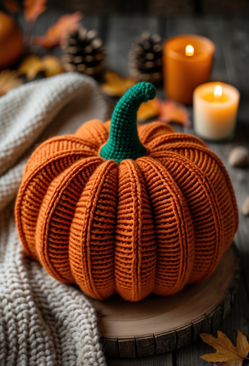 A pumpkin-shaped crochet pillow resting on a knitted blanket surrounded by autumn leaves and pine cones on a wooden surface.