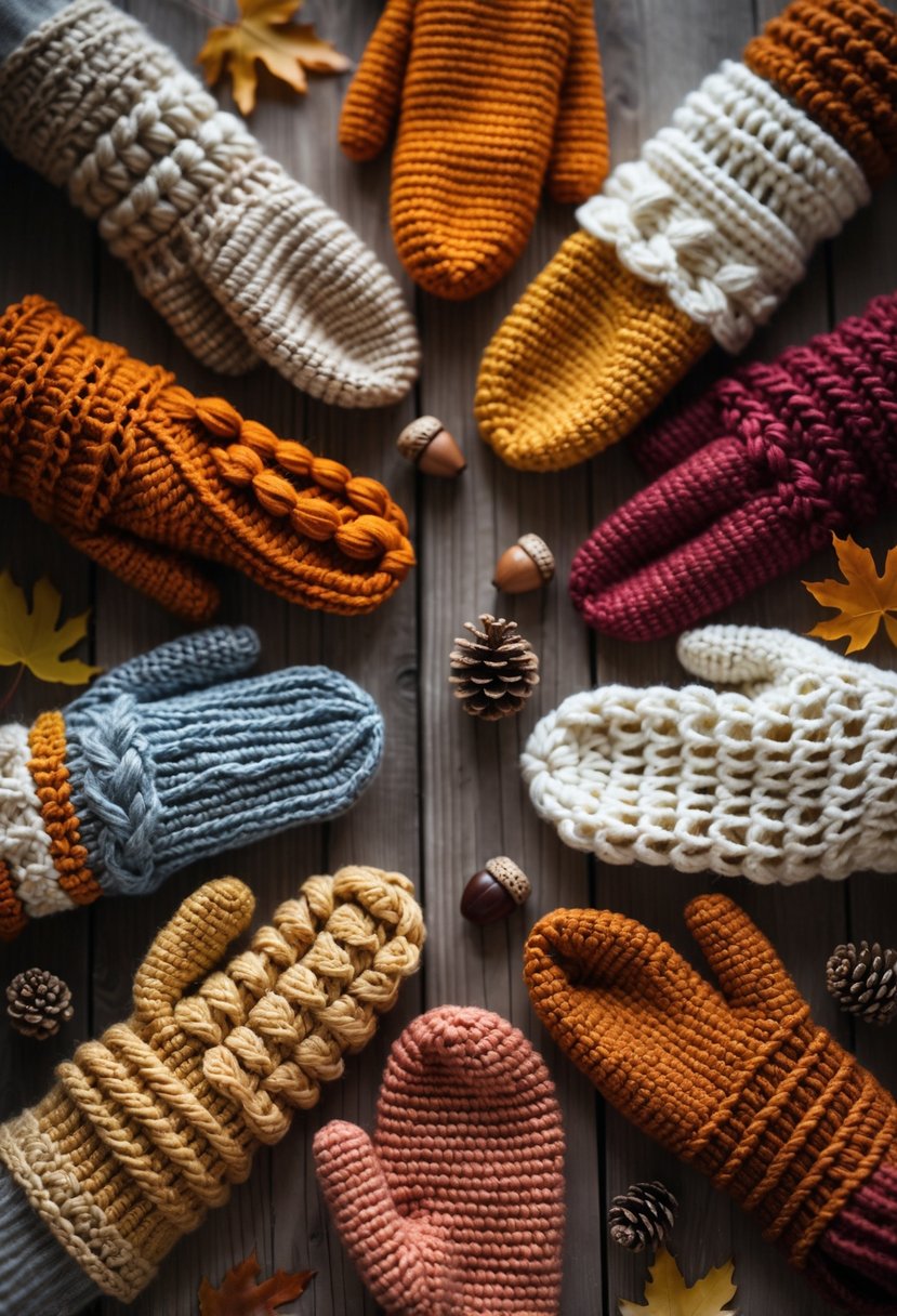 A collection of sixteen colorful crochet mittens with varied textures arranged on a wooden surface with autumn leaves and pinecones.