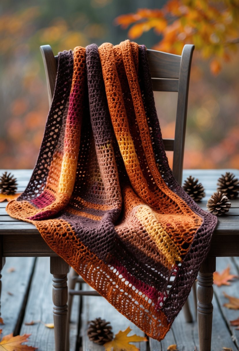 A crocheted oak leaf shawl in fall colors draped over a wooden chair with autumn leaves and pine cones nearby.