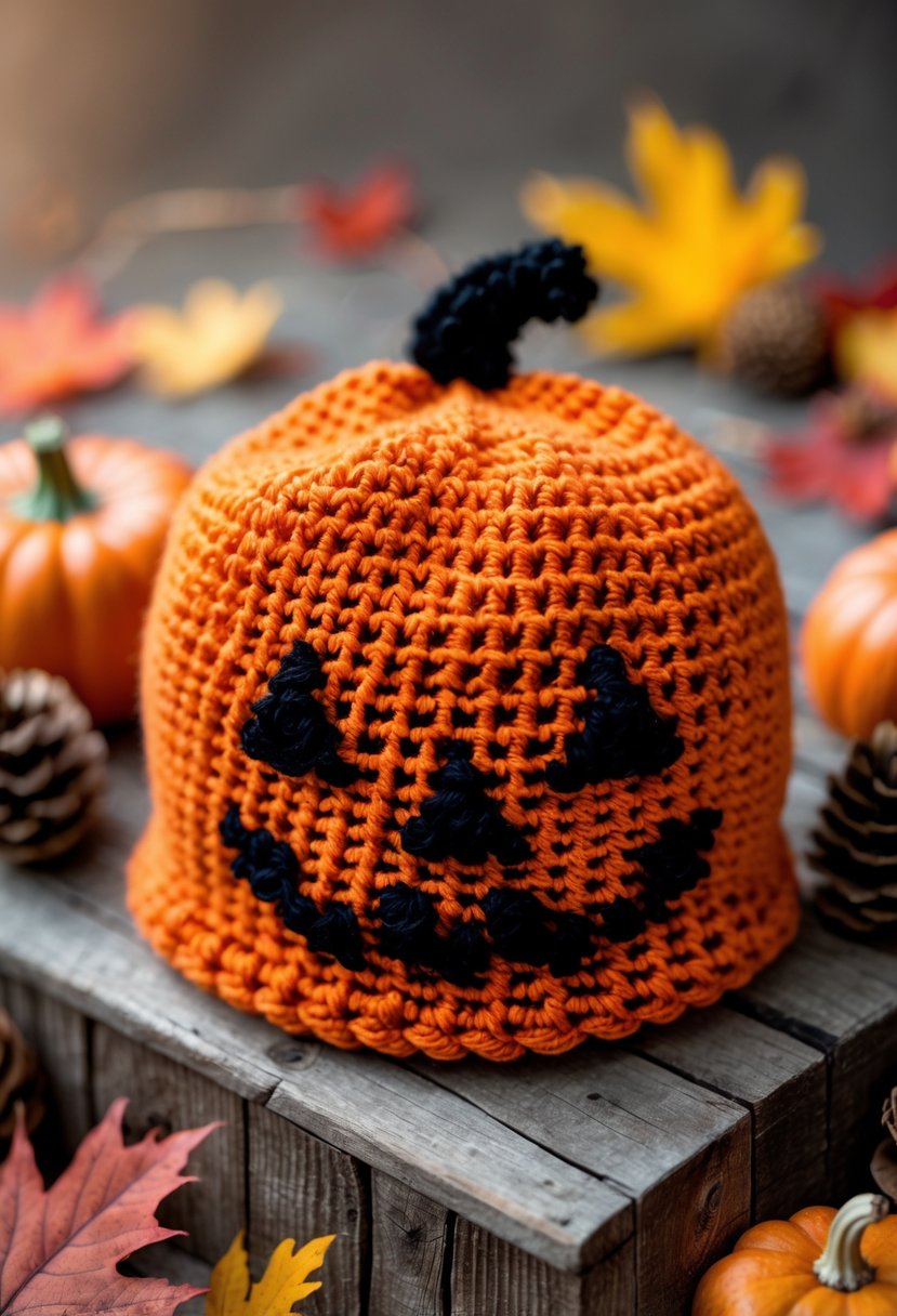 Close-up of an orange crochet beanie with a pumpkin face design surrounded by autumn leaves and small pumpkins on a wooden surface.