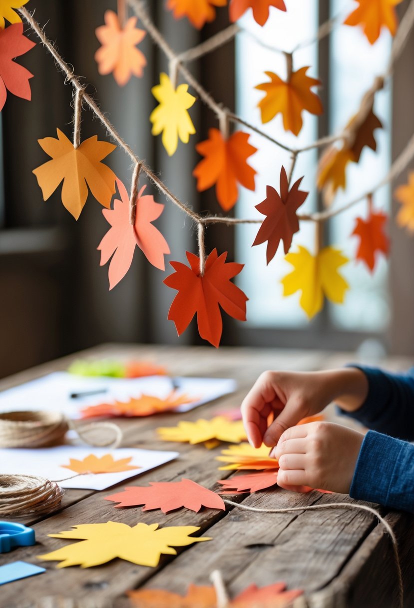 Hands of adults and children making colorful paper leaf garlands on a wooden table with craft supplies in a cozy autumn setting.