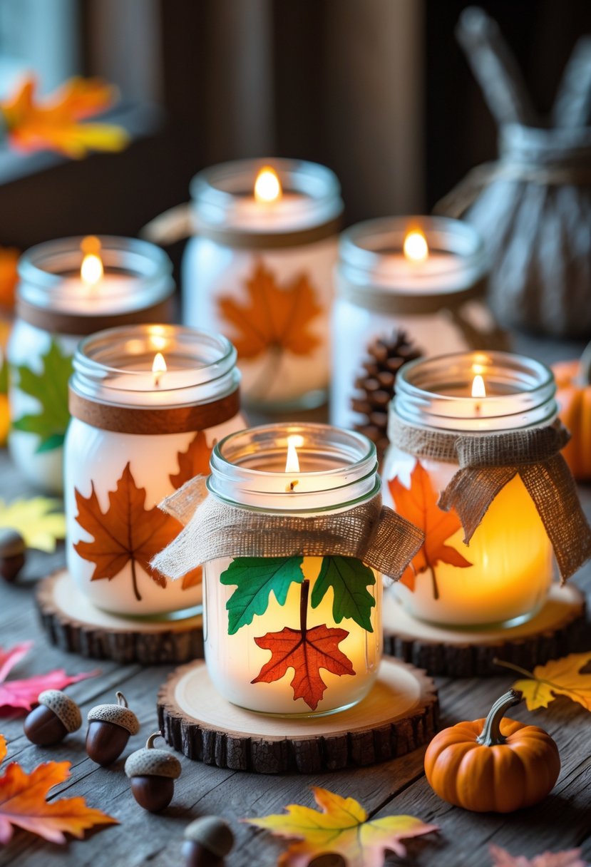 Mason jars decorated with fall-themed crafts holding lit candles on a wooden table surrounded by autumn leaves, pinecones, and small pumpkins.