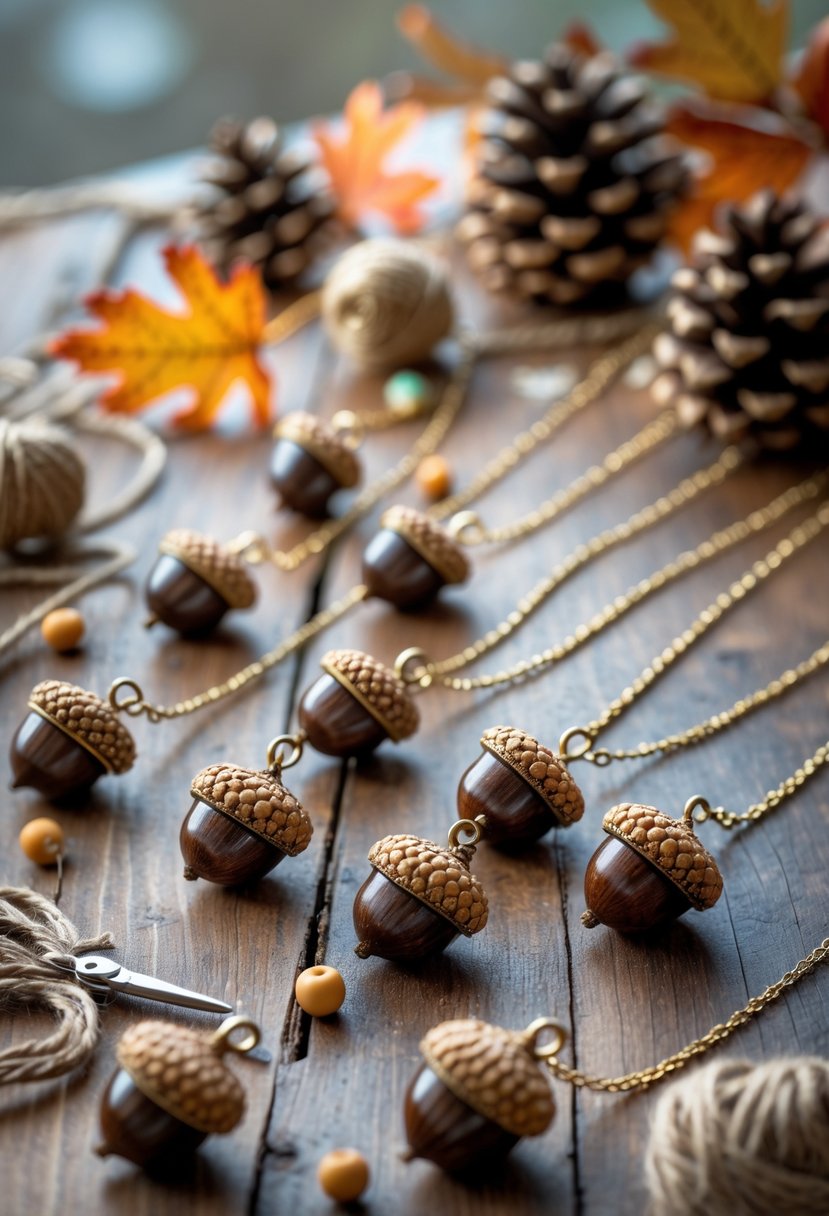 Several acorn cap necklaces displayed on a wooden table surrounded by crafting supplies and autumn leaves.