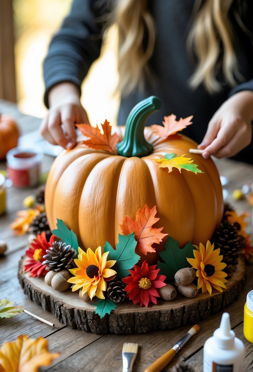 A foam pumpkin centerpiece decorated with autumn leaves and flowers on a wooden table surrounded by craft supplies and hands of adults and children working on it.