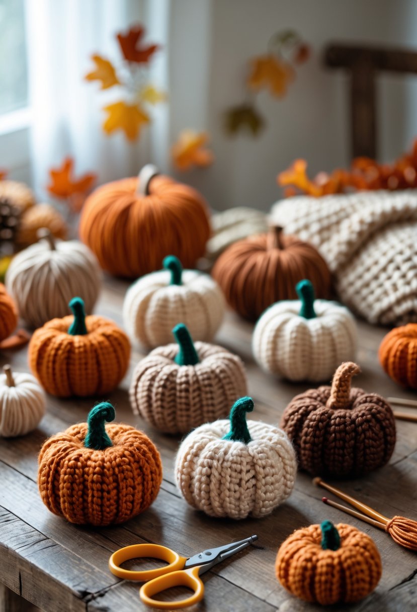 Several small crocheted mini pumpkins on a wooden table with yarn, crochet hooks, and fall decorations in the background.