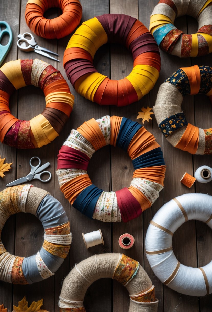 Several colorful fabric scrap wreaths on a wooden table surrounded by crafting materials like scissors and fabric pieces.
