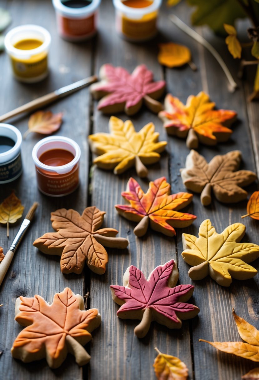 A collection of colorful salt dough leaf magnets on a wooden table with paintbrushes and paint nearby.