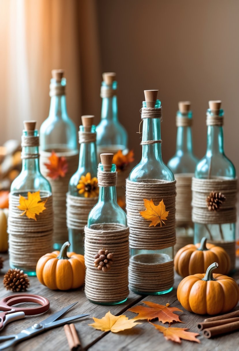 Several glass bottles wrapped with twine and decorated with fall-themed items on a wooden table surrounded by crafting supplies.