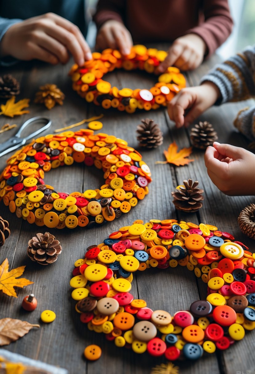 Hands of an adult and child making colorful button wreaths on a wooden table surrounded by crafting supplies and fall decorations.