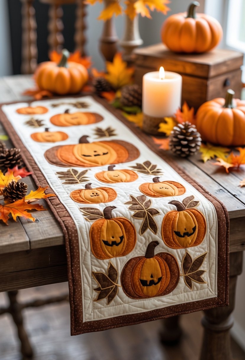 A quilted pumpkin table runner displayed on a wooden table with pumpkins, pine cones, and fall leaves around it.