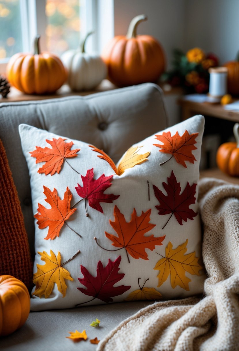 A handmade autumn leaf throw pillow on a chair with fall decorations and sewing supplies nearby.
