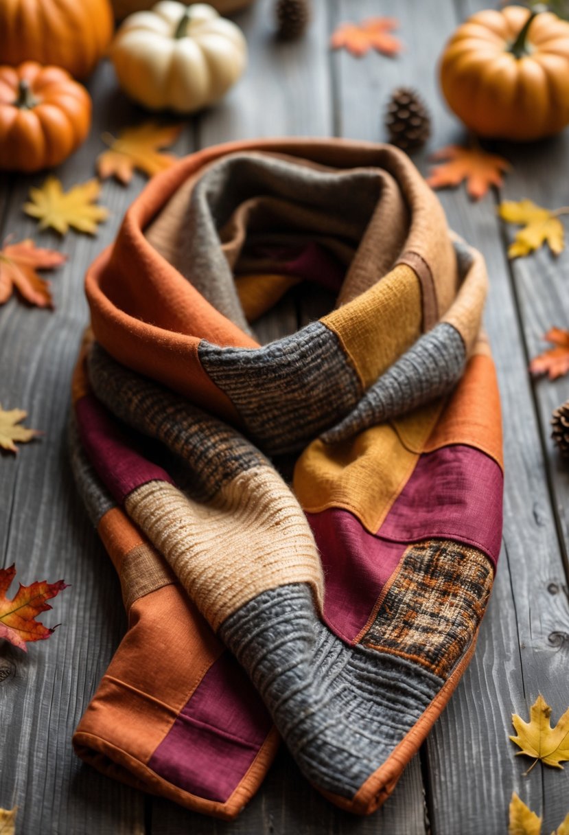 A patchwork scarf in fall colors displayed on a wooden table surrounded by autumn leaves and pine cones.