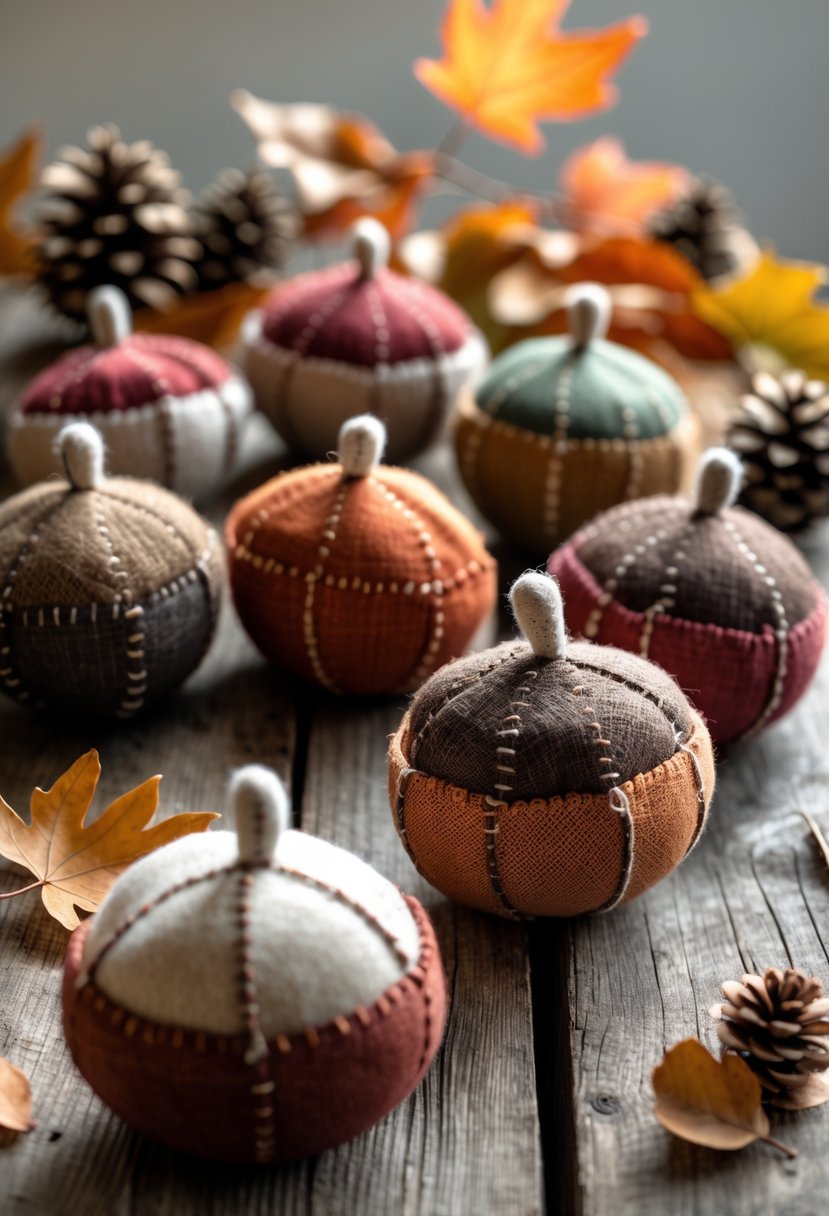 Several hand-sewn fabric acorns arranged on a wooden table with dried leaves and pinecones around them.