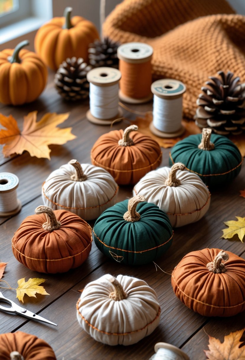 A wooden table with pumpkin-shaped fabric coasters surrounded by sewing supplies and autumn decorations.