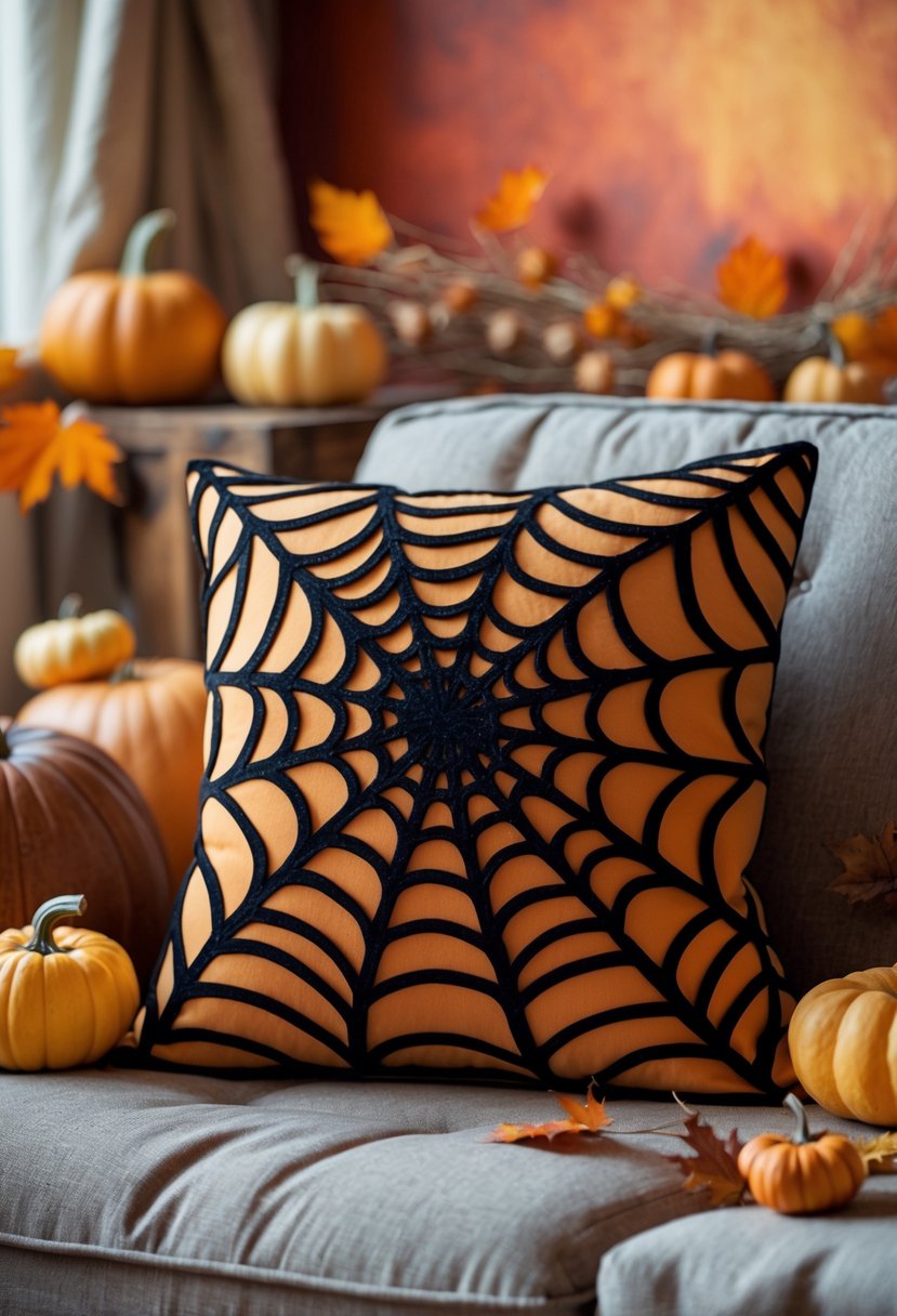 A throw pillow with a black spiderweb design on a sofa surrounded by fall decorations like pumpkins and dried leaves.