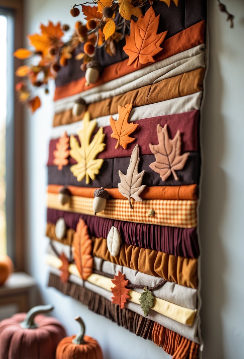 A layered autumn wall hanging with fall colors and motifs displayed on a wall indoors.