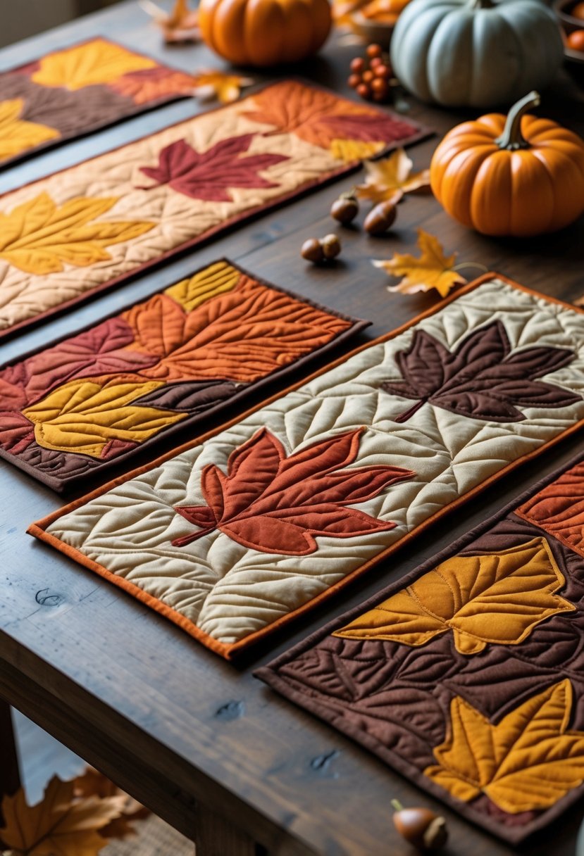 A set of quilted placemats with leaf designs arranged on a wooden table surrounded by small pumpkins and fall leaves.