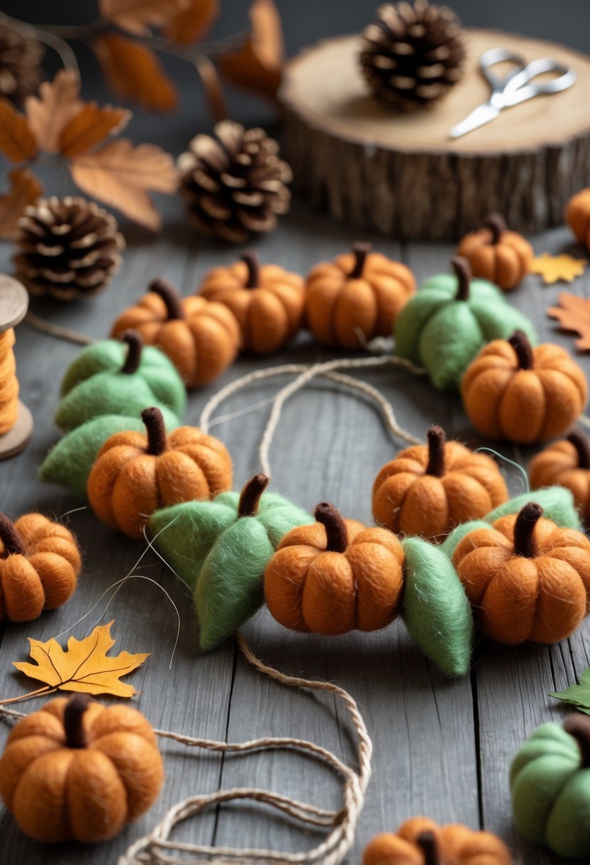 A felt pumpkin garland made of small orange pumpkins with green leaves on a rustic wooden surface surrounded by sewing supplies and autumn decorations.