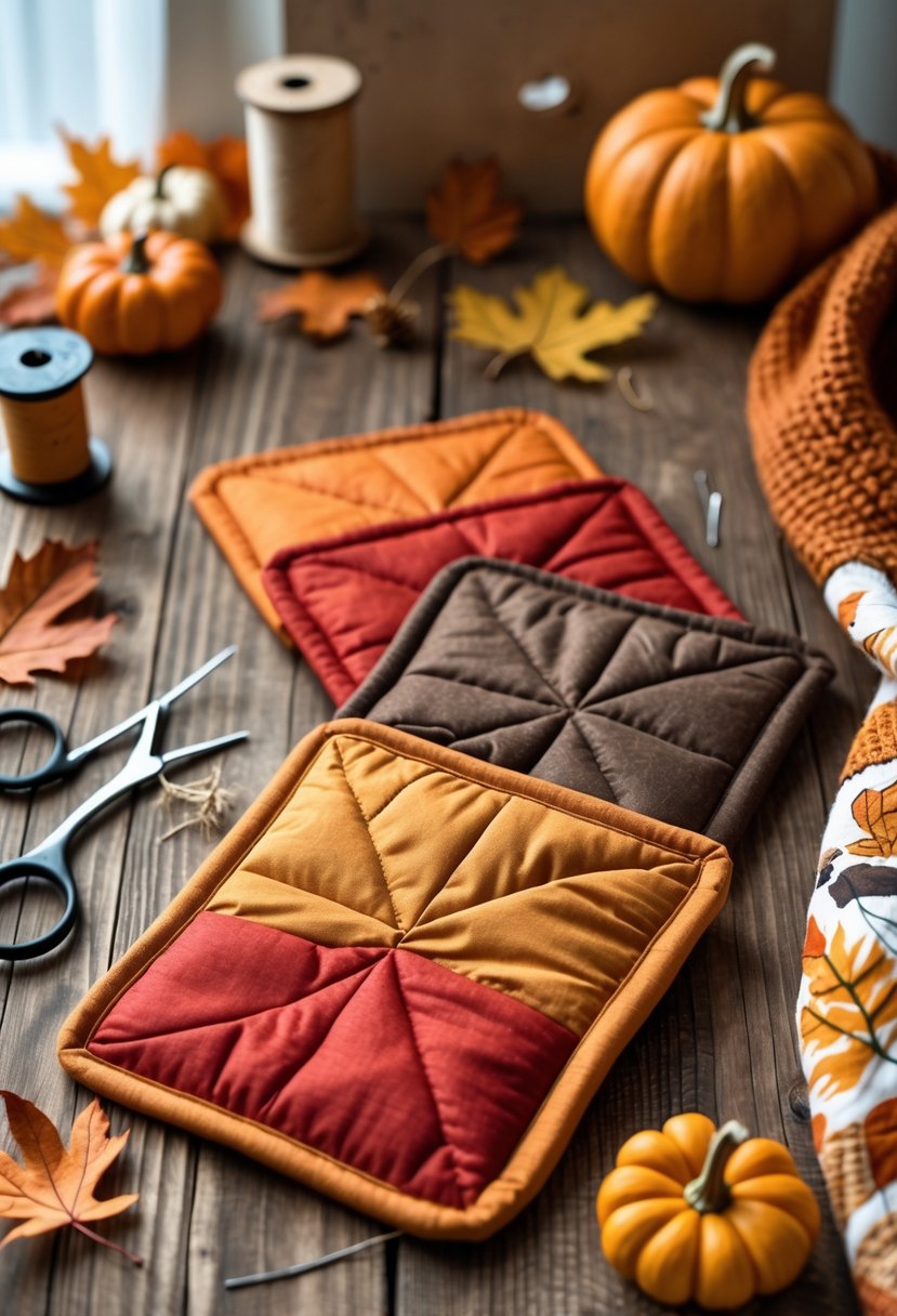 A wooden table with handmade quilted hot pads in autumn colors surrounded by sewing supplies and fall decorations like small pumpkins and dried leaves.