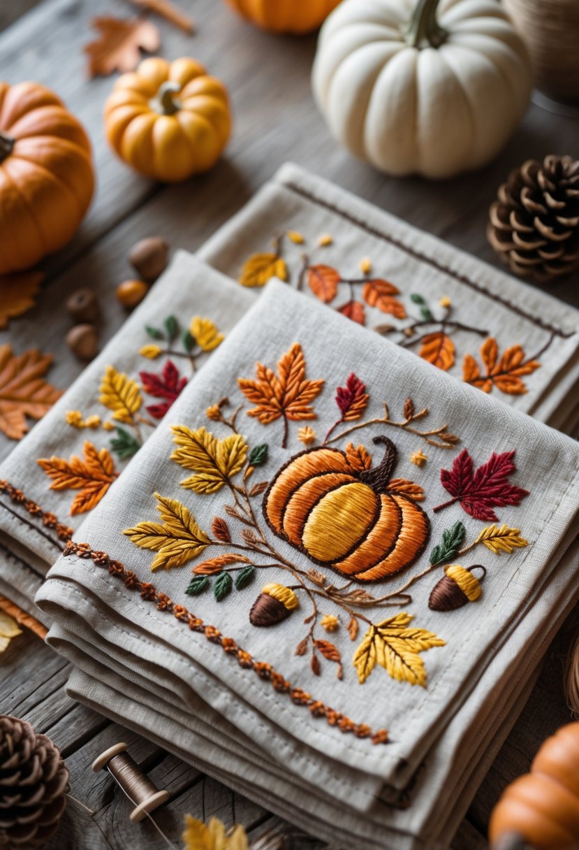 A set of embroidered fall-themed napkins arranged on a wooden table with autumn decorations like pumpkins and dried leaves.